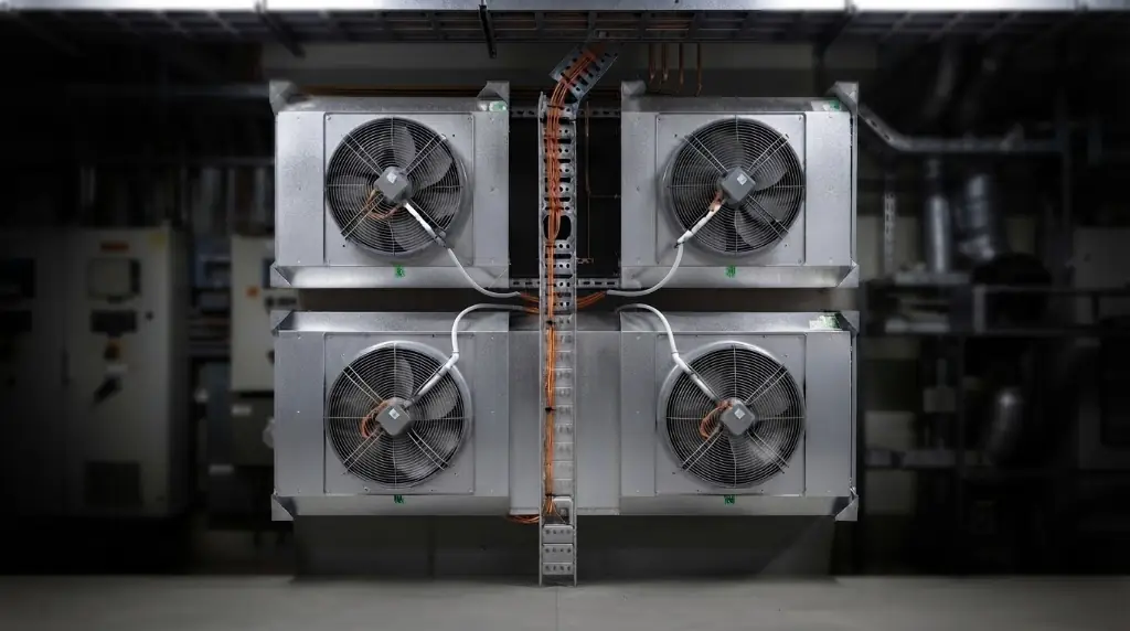 Four heat pump units in an electrical services installation.