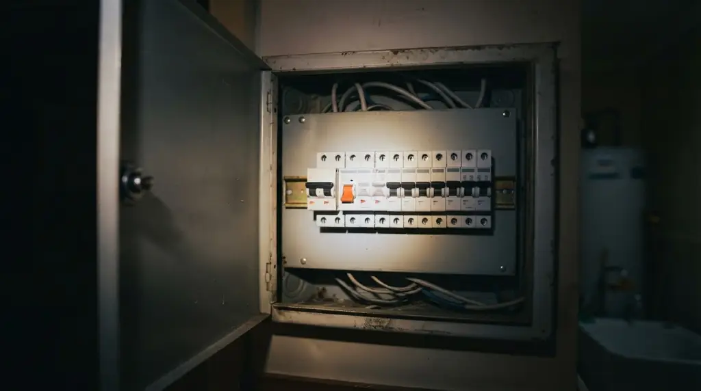 Electrical control panel with switches and warning labels.