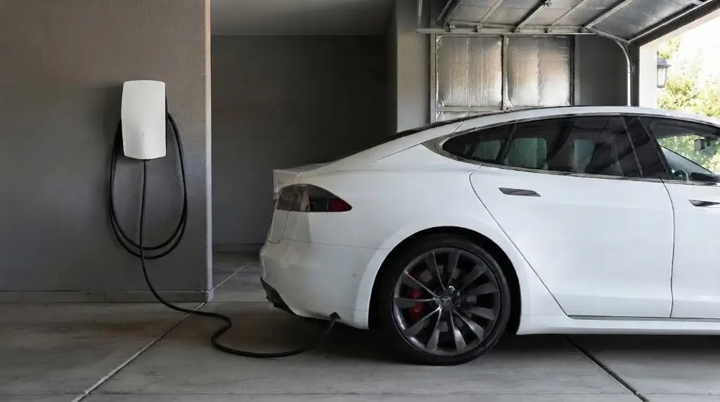 Electric vehicle charging from a wall-mounted charger in a garage.