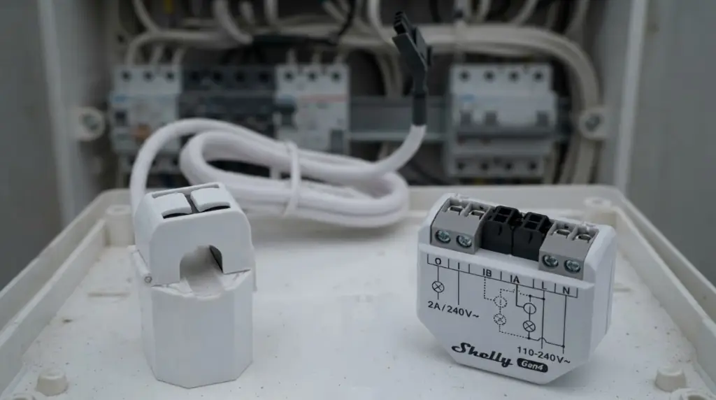 Shelly smart relay module and current transformer inside an electrical panel.