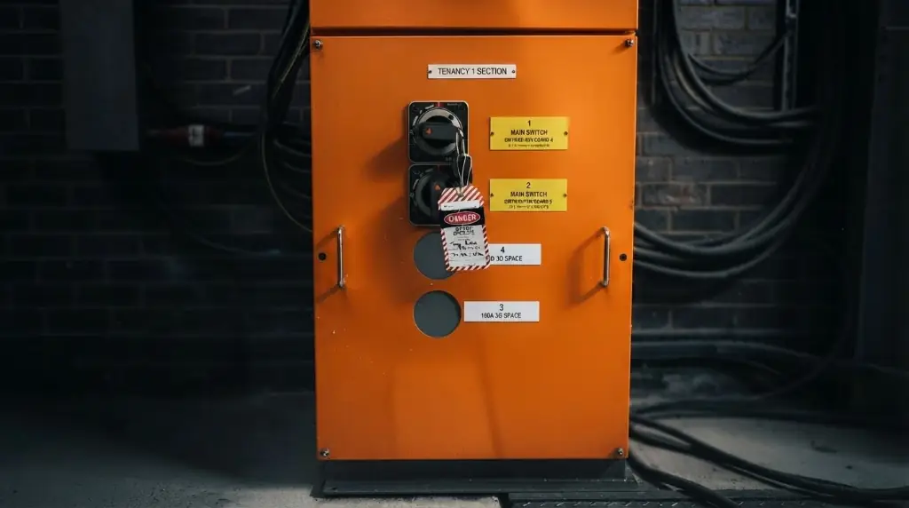 Orange electrical control panel in a building services area.